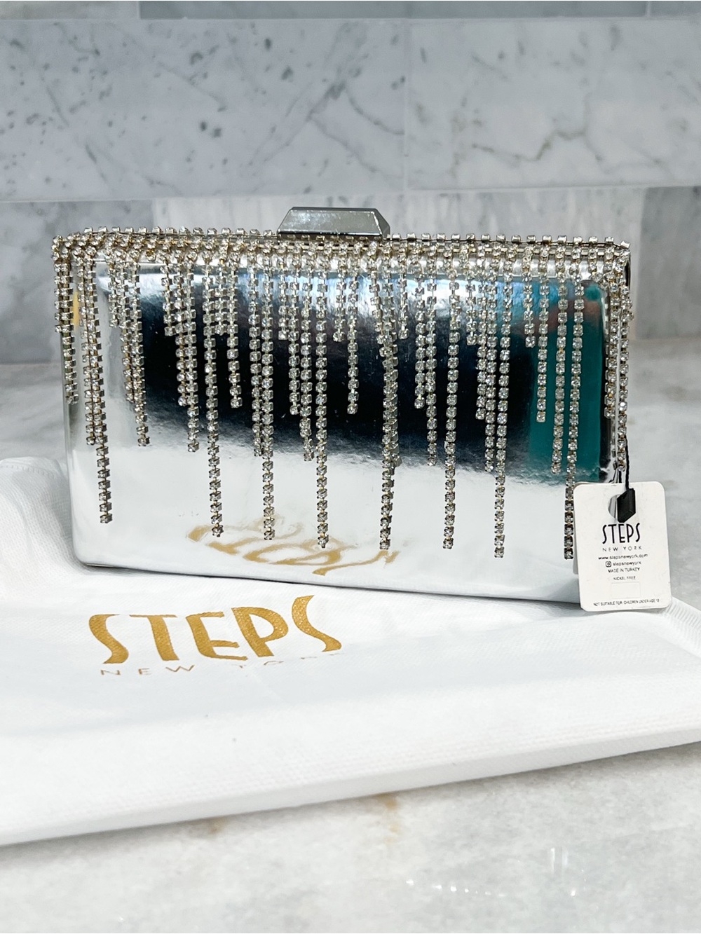 STEPS Silver Dangling Rhinestone Evening Clutch/Shoulder Bag